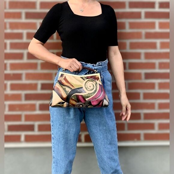 Abstract Print Genuine Cowhide Handmade Double Kisslock Bag with 2 Strap Styles - Picture 2 of 16